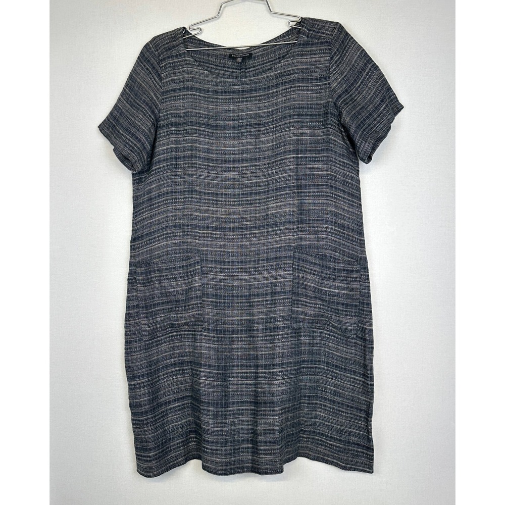 Eileen Fisher Petite Linen Shift Dress Blue Gray‎ Textured Short Sleeve PM